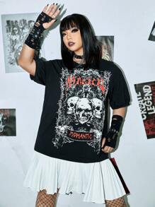 ROMWE PUNK 大碼骷髏頭和字母圖案落肩袖荷葉邊連衣裙 - 黑色 - 查看 4