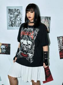 ROMWE PUNK 大碼骷髏頭和字母圖案落肩袖荷葉邊連衣裙 - 黑色 - 查看 5