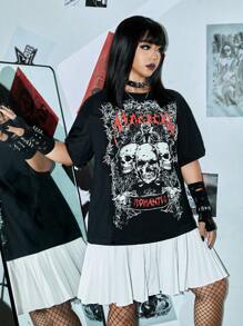 ROMWE PUNK 大碼骷髏頭和字母圖案落肩袖荷葉邊連衣裙 - 黑色 - 查看 6