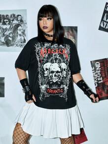 ROMWE PUNK 大碼骷髏頭和字母圖案落肩袖荷葉邊連衣裙 - 黑色 - 查看 9