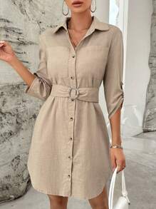 SHEIN Essnce Roll Tab Sleeve Belted Shirt Dress - Khaki - View 1