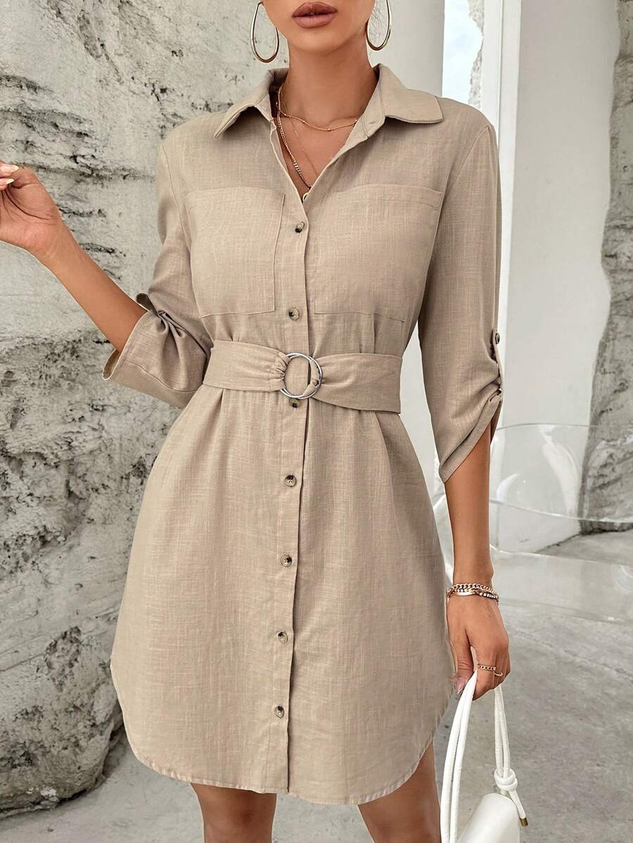 SHEIN Essnce Roll Tab Sleeve Belted Shirt Dress - Khaki - View 1
