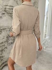 SHEIN Essnce Roll Tab Sleeve Belted Shirt Dress - Khaki - View 2