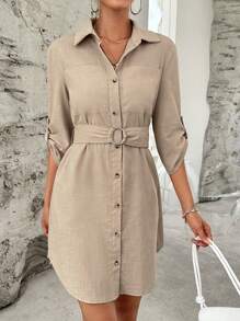 SHEIN Essnce Roll Tab Sleeve Belted Shirt Dress - Khaki - View 3