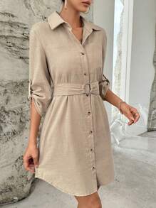 SHEIN Essnce Roll Tab Sleeve Belted Shirt Dress - Khaki - View 5