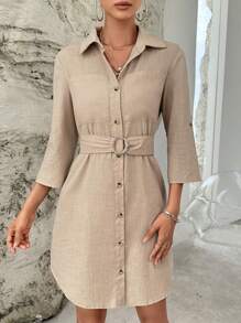 SHEIN Essnce Roll Tab Sleeve Belted Shirt Dress - Khaki - View 6