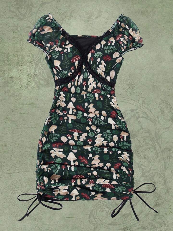 Our Inna Moreva Fairycore Mushroom Print Drawstring Ruched Dress is such a  vibe - ROMWE