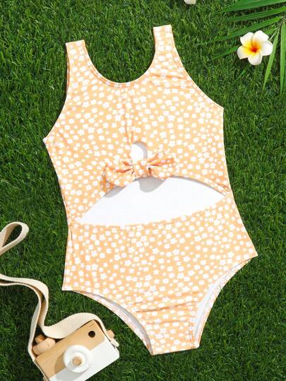 女嬰夏季連體泳衣，帶小碎花印花和可愛蝴蝶結裝飾