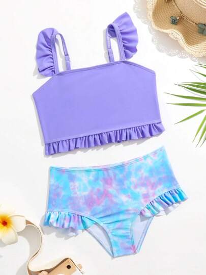 小女孩夏季2件套紮染漸變色可愛荷葉邊泳衣套裝