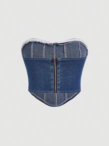 SHEIN MOD Hanky Hem Denim Tube Top - Medium Wash - View 2