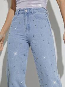 Denimoi Fall Women Clothes, Blue Wide-Leg '90s Jeans With Rhinestone, Denim, Casual Wear. For Everyday Wear, Going Out, Concerts, Festivals,Party