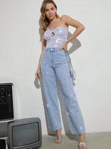 Denimoi Fall Women Clothes, Blue Wide-Leg '90s Jeans With Rhinestone, Denim, Casual Wear. For Everyday Wear, Going Out, Concerts, Festivals,Party