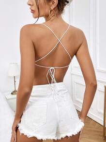 SHEIN Privé 印花露背交叉打結頭巾下擺網紗吊帶上衣 - 彩色 - 查看 2