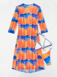 Tie Dye Halter Triangle Bikini Set For Summer Beach With Kimono - Multicolor - View 2