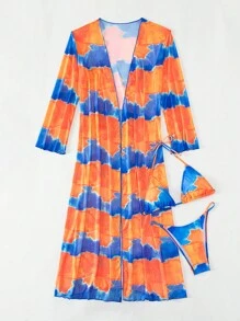 Tie Dye Halter Triangle Bikini Set For Summer Beach With Kimono - Multicolor - View 3