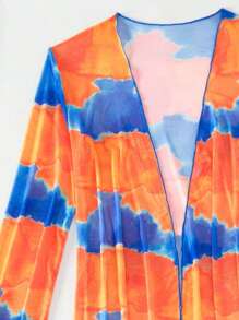 Tie Dye Halter Triangle Bikini Set For Summer Beach With Kimono - Multicolor - View 4