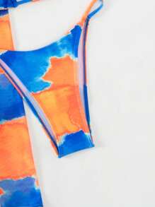 Tie Dye Halter Triangle Bikini Set For Summer Beach With Kimono - Multicolor - View 5