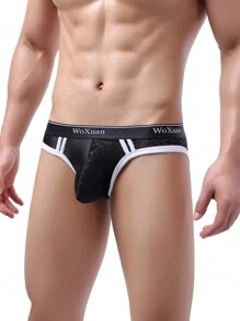Men Letter Graphic Contrast Binding Brief - Black - View 1