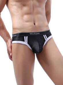 Men Letter Graphic Contrast Binding Brief - Black - View 3