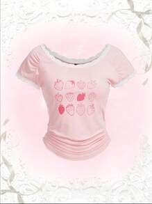 ROMWE Kawaii Strawberry Graphic Contrast Lace Tee, Baby Tees Woman, School - Pink - View 1