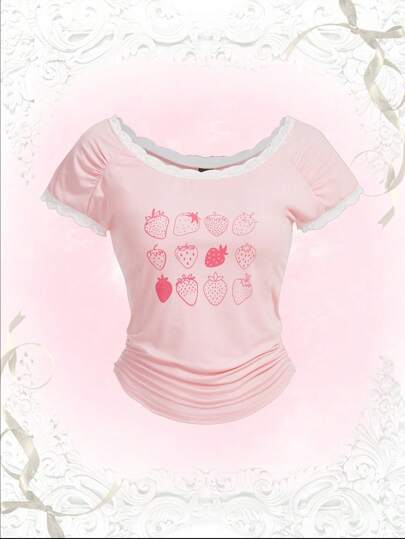 Kawaii Strawberry Graphic Contrast Lace Tee, Baby Tees Woman, School