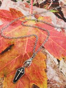 ROMWE Goth 1pc Fashion Zinc Alloy Cross & Bat Pendant Necklace For Women For Daily Decoration - màu đen - Xem 2