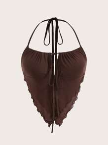 SHEIN ICON Plus Tie Front Lettuce Trim Halter Top - Chocolate Brown - View 1
