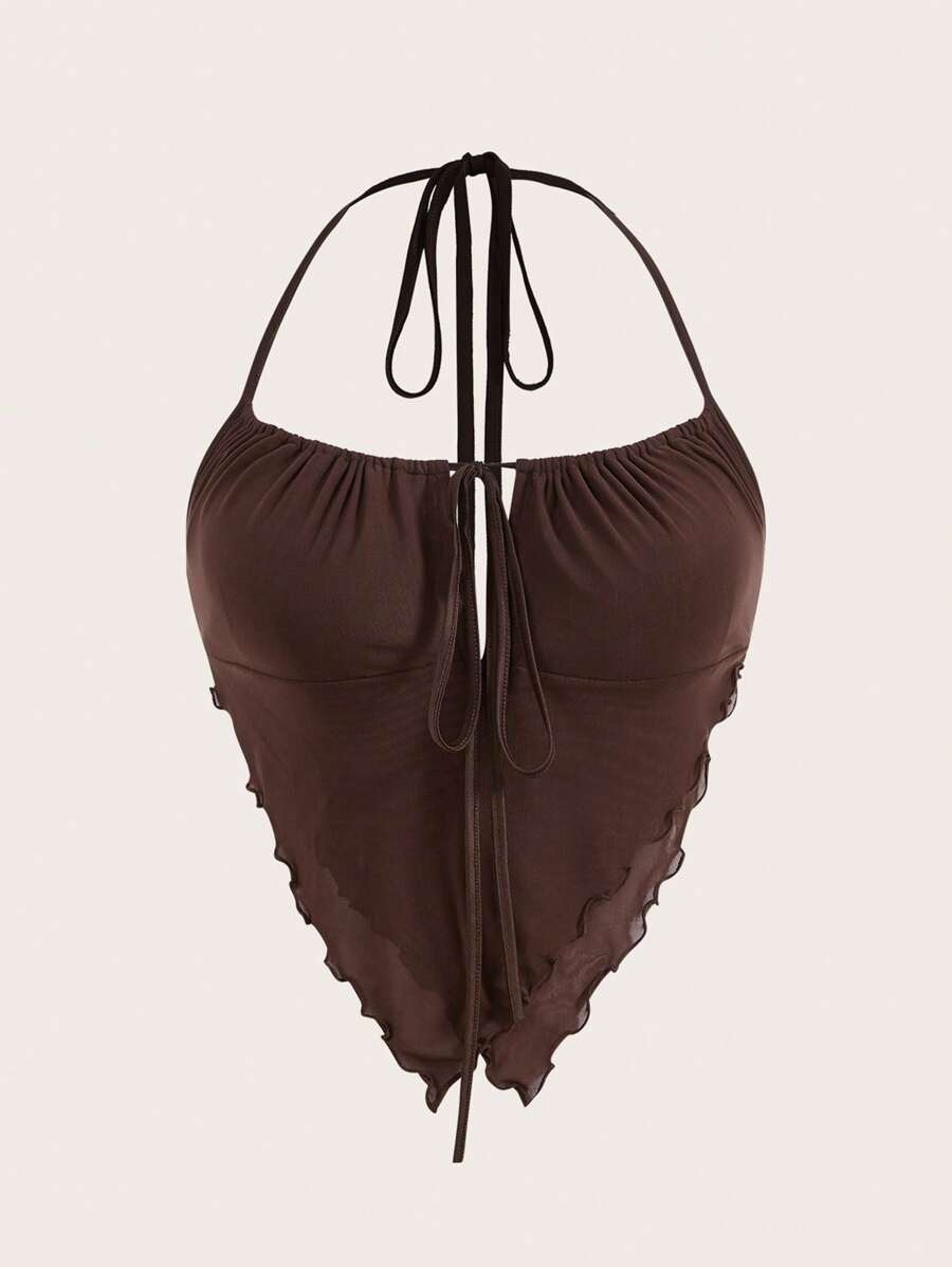 SHEIN ICON Plus Tie Front Lettuce Trim Halter Top - Chocolate Brown - View 1