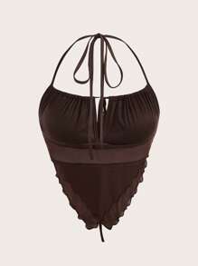 SHEIN ICON Plus Tie Front Lettuce Trim Halter Top - Chocolate Brown - View 2