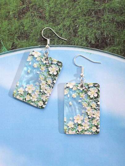 Sweetness 1pair Boho Acrylic Floral Pattern Rectangle Drop Earrings For Women For Daily Decoration