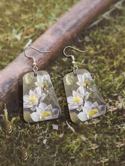 Fairycore 1pair Boho Acrylic Floral Pattern Geometric Drop Earrings For Women For Daily Decoration