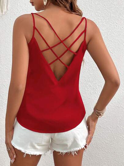 SHEIN VCAY Solid Criss Cross Back Cami Top