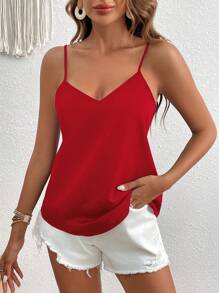 SHEIN VCAY Top de tirantes unicolor de espalda con tira cruzada - Rojo - Ver 2