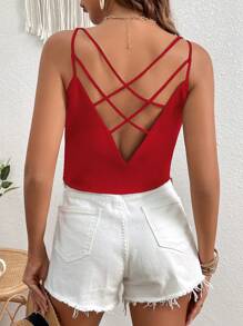 SHEIN VCAY Top de tirantes unicolor de espalda con tira cruzada - Rojo - Ver 6