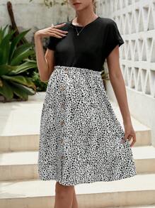 SHEIN Maternity Dalmatian Print Button Detail Dress - Black and White - View 1
