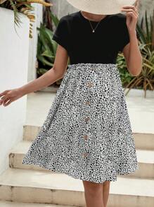 SHEIN Maternity Dalmatian Print Button Detail Dress - Black and White - View 6