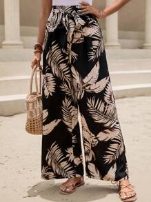 SHEIN VCAY Quần nữ Thắt lưng Nhiệt đới Tất cả trên in Boho - màu đen - Xem 3