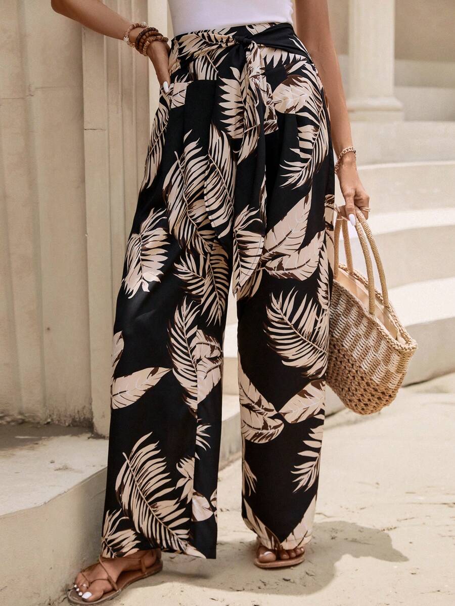 SHEIN VCAY Quần nữ Thắt lưng Nhiệt đới Tất cả trên in Boho - màu đen - Xem 1