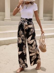 SHEIN VCAY Quần nữ Thắt lưng Nhiệt đới Tất cả trên in Boho - màu đen - Xem 5