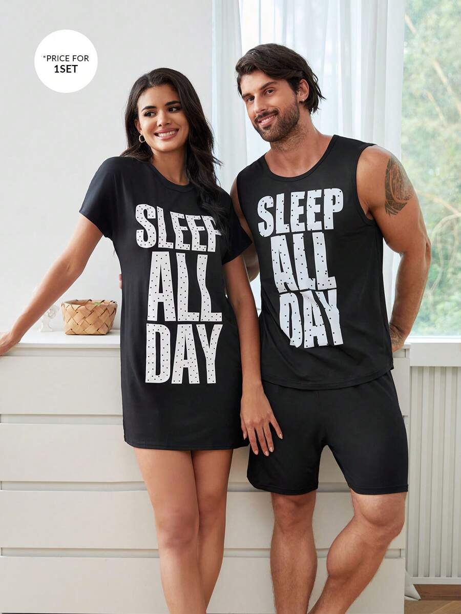 SHEIN Slogan & Polka Dot Pajama Night Dress - Black - View 1