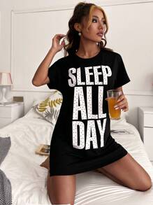 SHEIN Slogan & Polka Dot Pajama Night Dress - Black - View 3