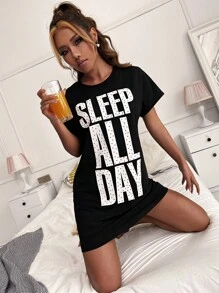 SHEIN Slogan & Polka Dot Pajama Night Dress - Black - View 4
