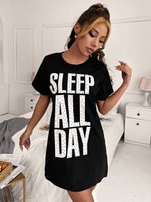 SHEIN Slogan & Polka Dot Pajama Night Dress - Black - View 7