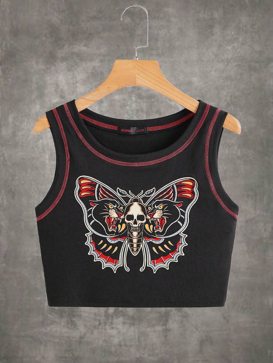 SNAP SUPPLY11 Áo khoác và áo lót dành cho xe tăng nữ Gân đan Đường may lộ ra ngoài Lễ Các Thánh Loại bướm Giải trí - màu đen - Xem 1