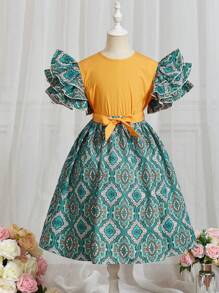 SHEIN 女孩印花荷葉邊上衣和腰帶半身裙 - 彩色 - 查看 1