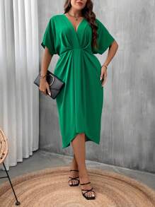 SHEIN Clasi Plus Batwing Sleeve Twist Front Dress - Green - View 3