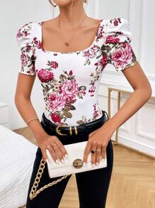 SHEIN Privé 印花泡泡袖T恤 - 彩色 - 查看 5