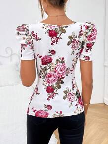 SHEIN Privé 印花泡泡袖T恤 - 彩色 - 查看 2