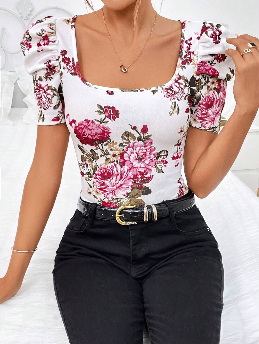 SHEIN Privé 印花泡泡袖T恤 - 彩色 - 查看 1