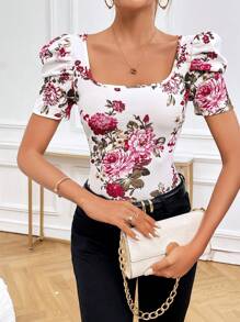 SHEIN Privé 印花泡泡袖T恤 - 彩色 - 查看 3